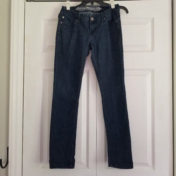 Vintage/Y2K Express Women's Jeans 2 Blue Skinny Dark Wash Emo Scene Embroidered - Picture 1 of 7